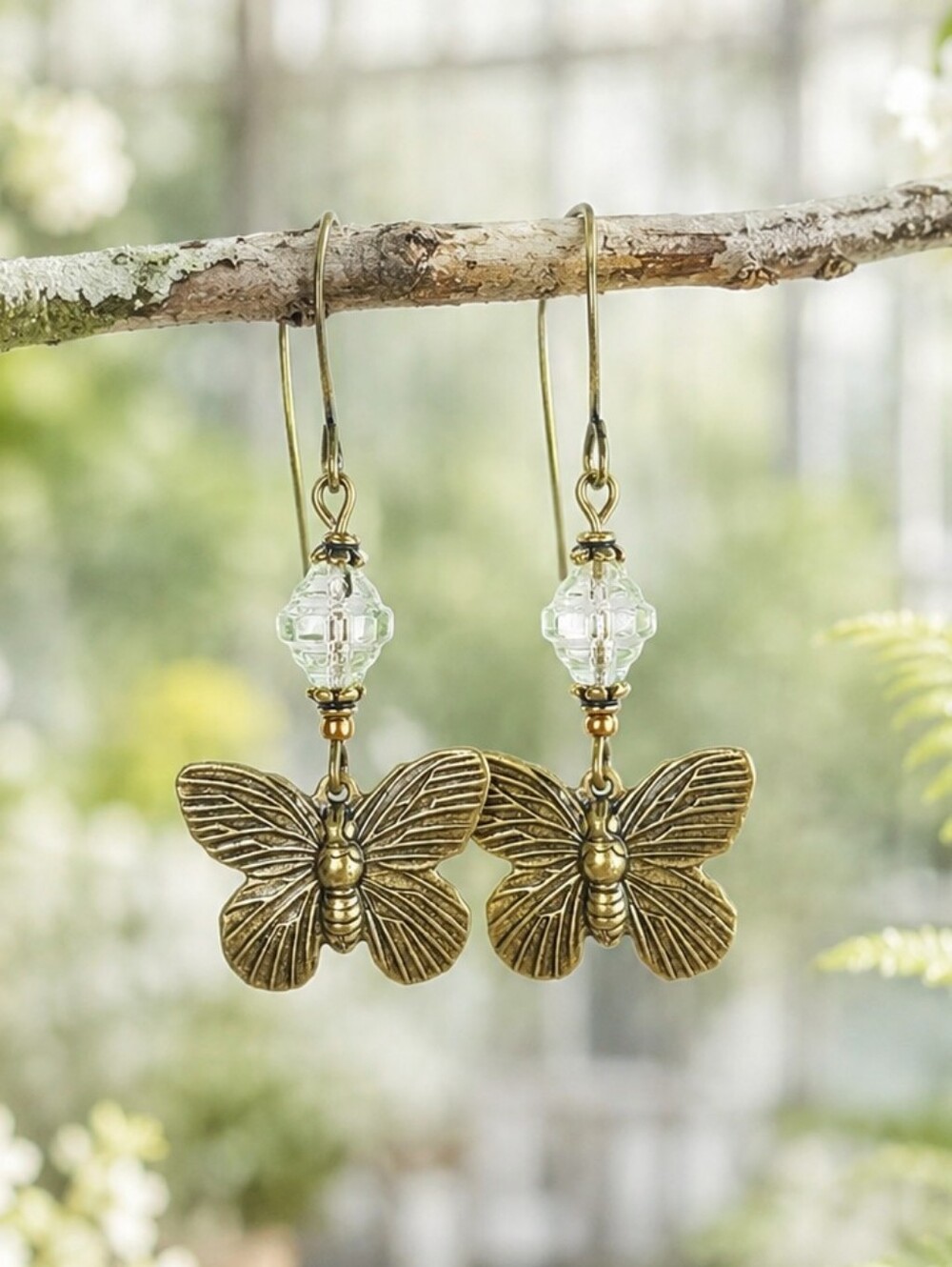 Butterfly Earrings Czech Glass Brass Nature Cottagecore Hand Crafted